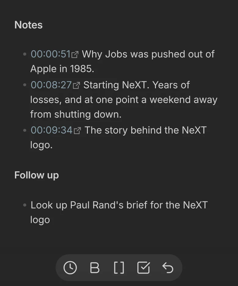 A note on a phone with three captured timestamp links and the editor toolbar, whose first button is the clock that captures a timestamp