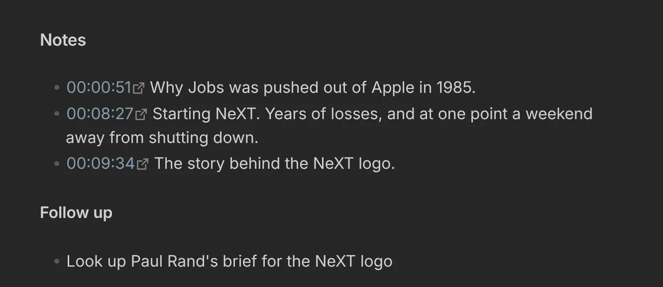 The Notes section of an episode note with three captured timestamp links, each followed by a note